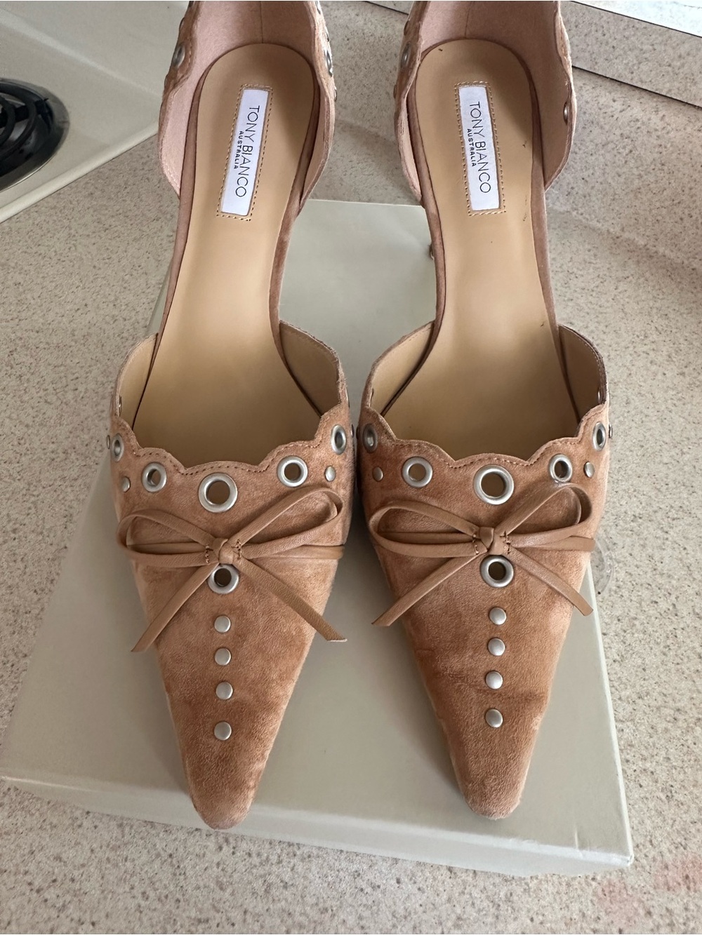 Tony Bianco Tan Suede Pointed Slingback Heels with Eyelet Detail